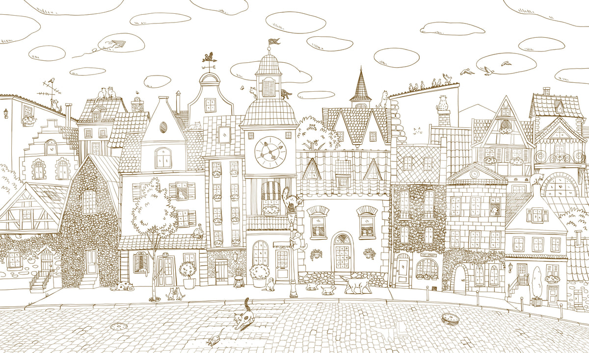 Whimsical cat village line-art design in black and white on a plain white background GD12397