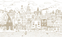 Whimsical cat village line-art design in black and white on a plain white background GD12397