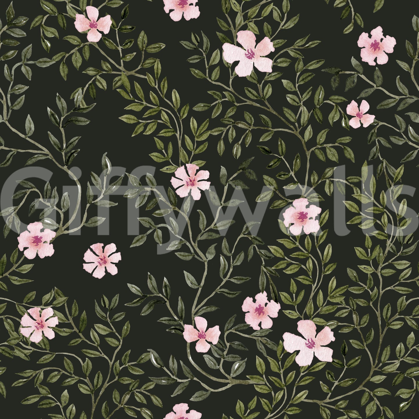 Soft Pink Floral Vines on Charcoal Wallpaper⁠
