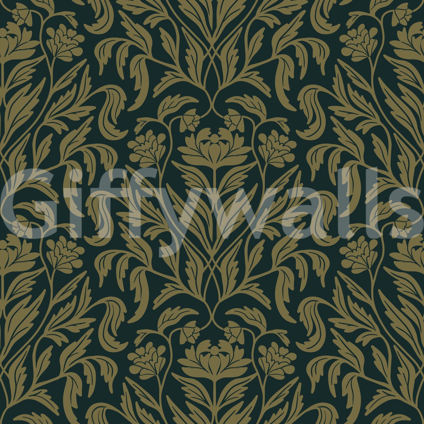 Papier peint botanique damassé vert ancien Art nouveau