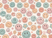 Papier peint panoramique mural rétro à visages joyeux et sourires psychédéliques