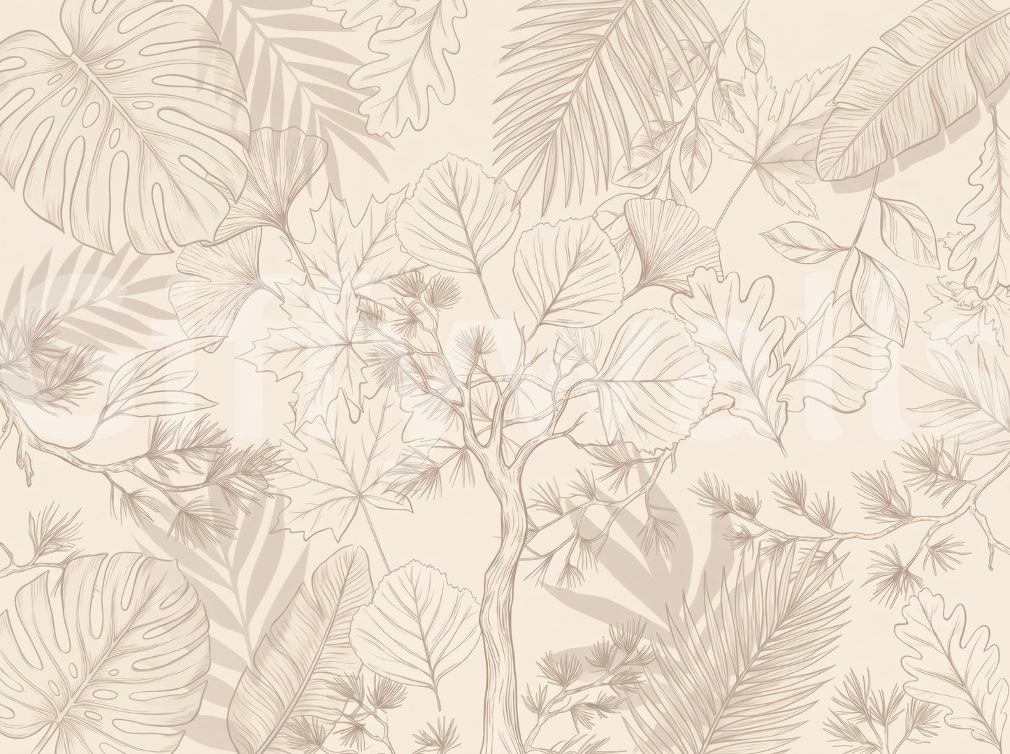 Papier peint panoramique crème avec croquis de feuilles botaniques