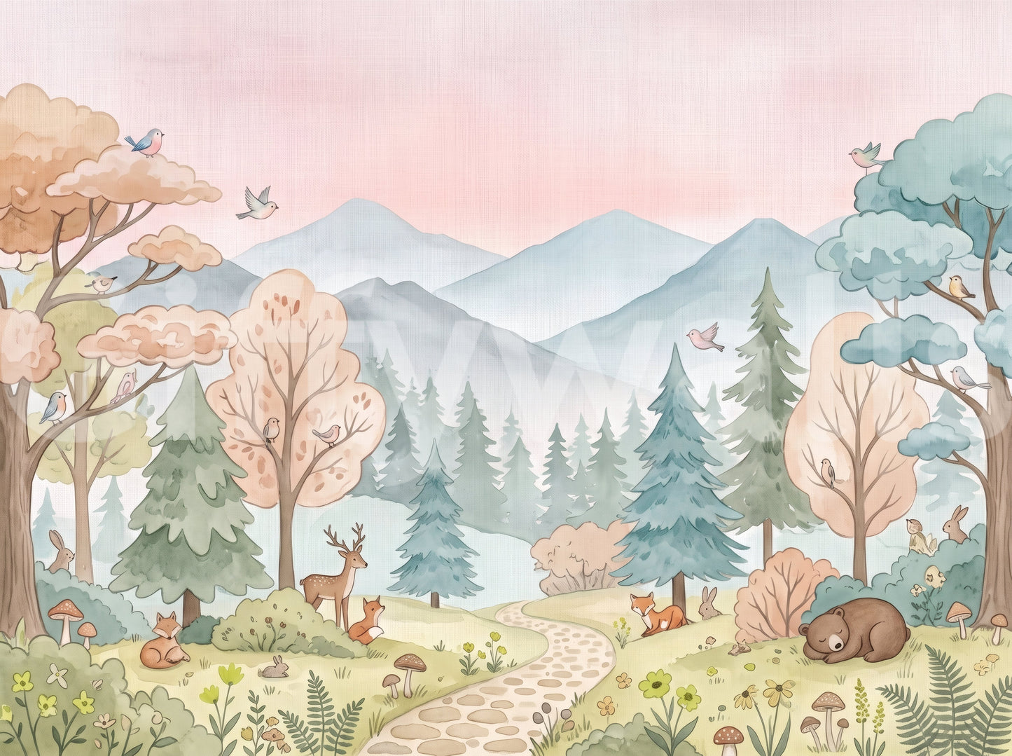 Fresque murale représentant un sentier forestier enchanteur dans les bois