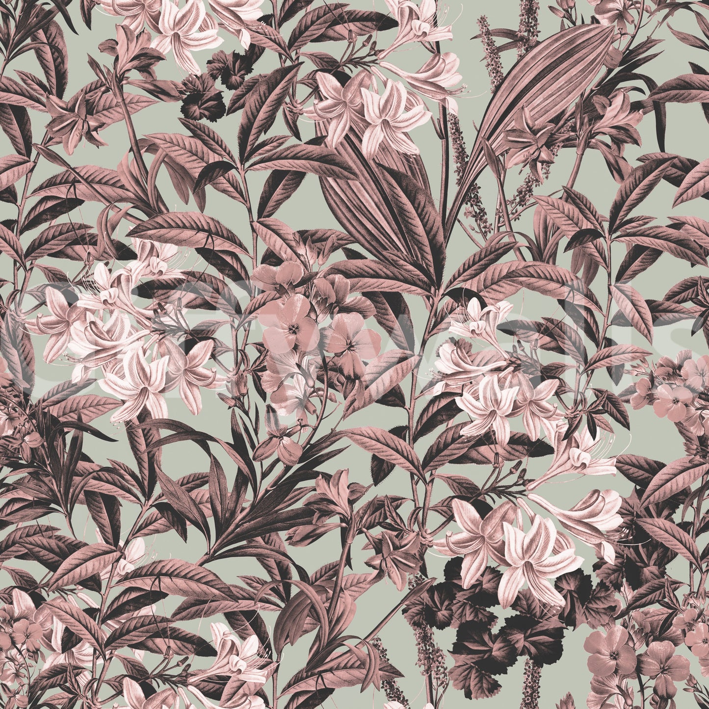 Carta da parati con motivo di giardino di rose e salvia tenue