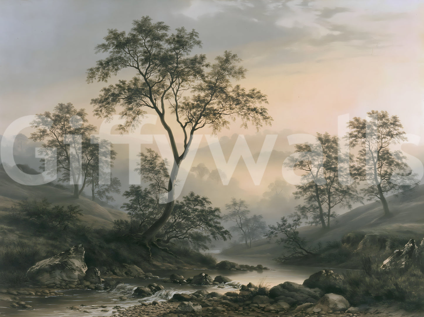 Murale panoramico da parete con paesaggio della valle del fiume avvolta dalla nebbia
