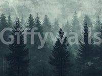 Murale da parete con silhouette di una foresta di pini nella nebbia