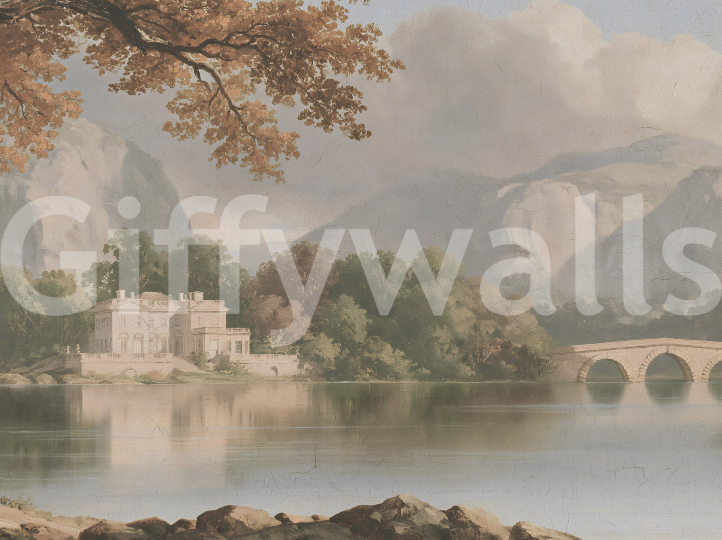 Panorama mural « Refuge au bord d’un lac de montagne brumeux »