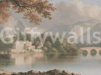 Panorama mural « Refuge au bord d’un lac de montagne brumeux »