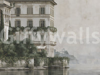 Murale da parete abbozzato di una tenuta sul lago avvolta nella nebbia