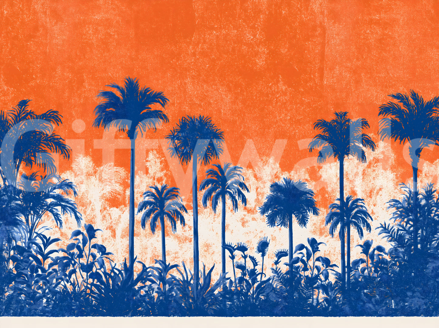 Fresque murale panoramique abstraite représentant une canopée tropicale au coucher du soleil