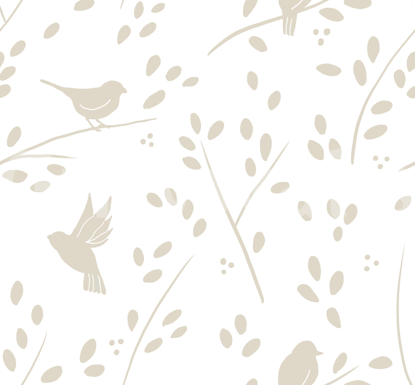 Minimalistische Gartenvögel auf Tapete in sanftem Taupe