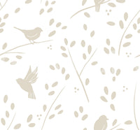 Minimalistische Gartenvögel auf Tapete in sanftem Taupe