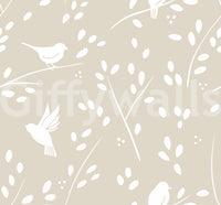 Ruhige minimalistische Garten­vögel auf Tapete in sanftem Taupe