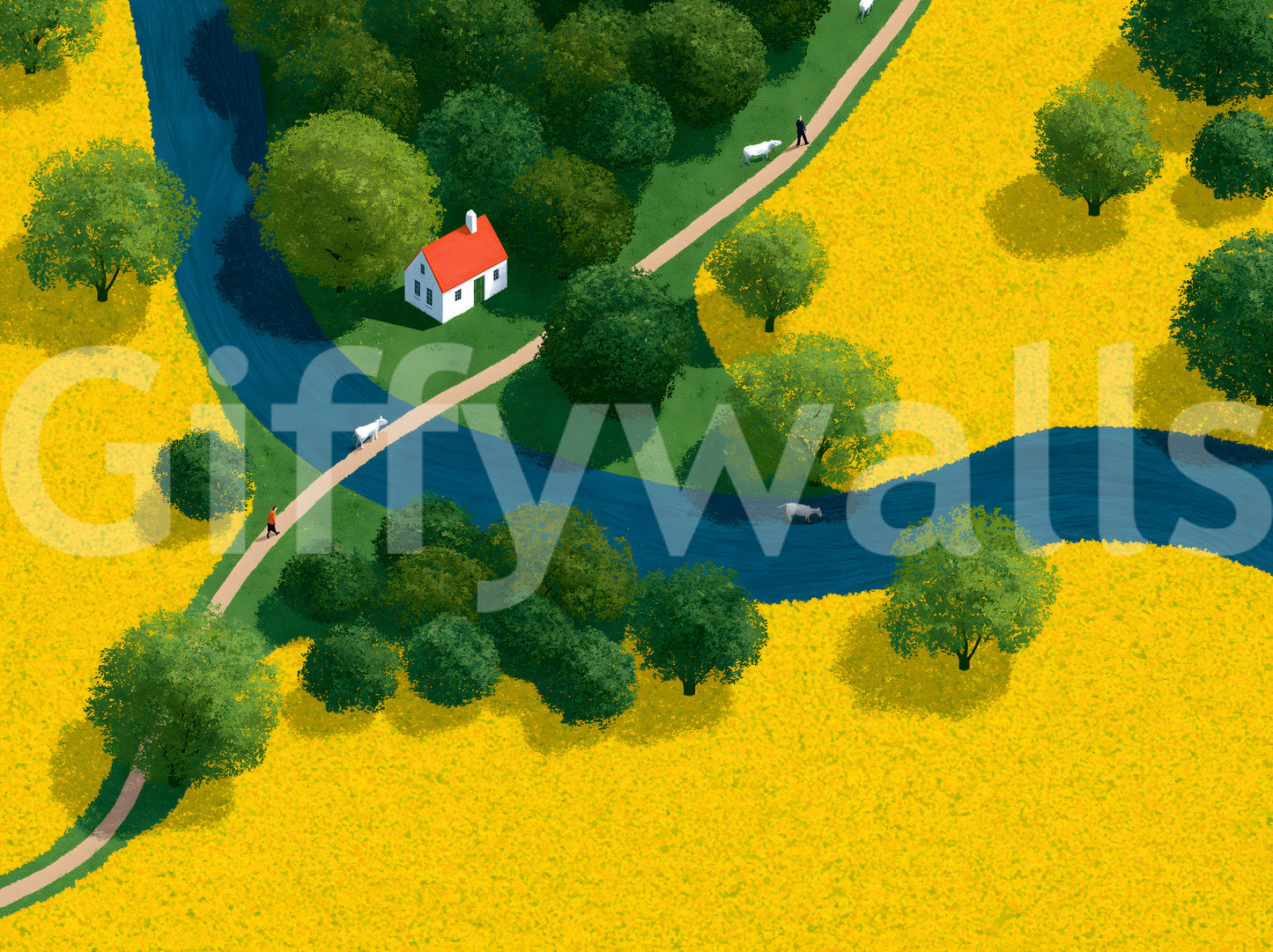 Fresque murale représentant une prairie champêtre en vue isométrique