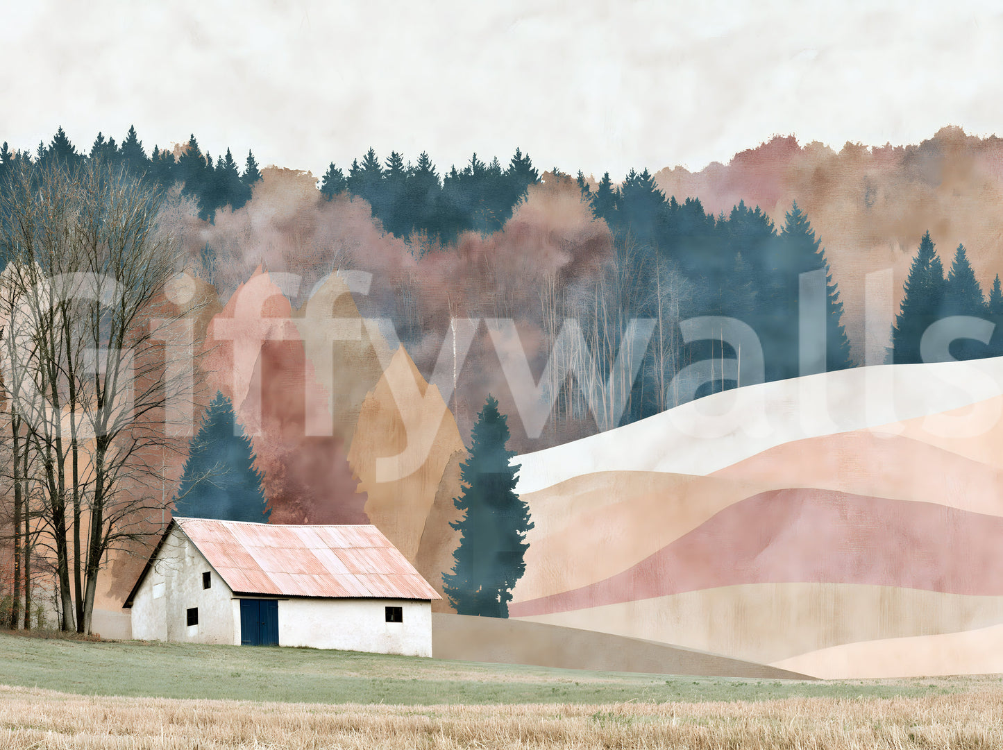 Rustikales Herbsttal mit Hütte – Wandbild