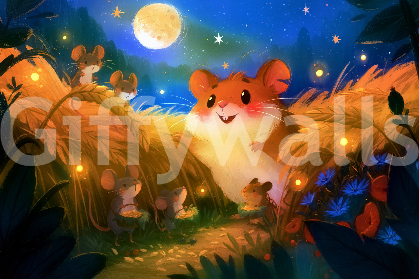Papier peint panoramique représentant une scène de récolte de hamsters au clair de lune