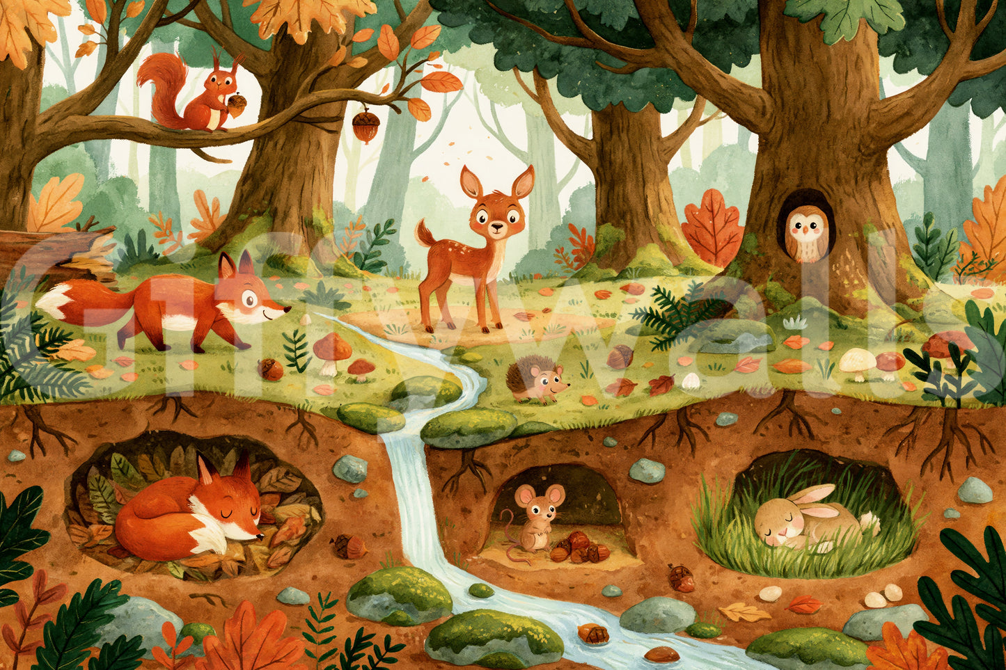 Fresque murale des animaux de la forêt et de la vie des bois