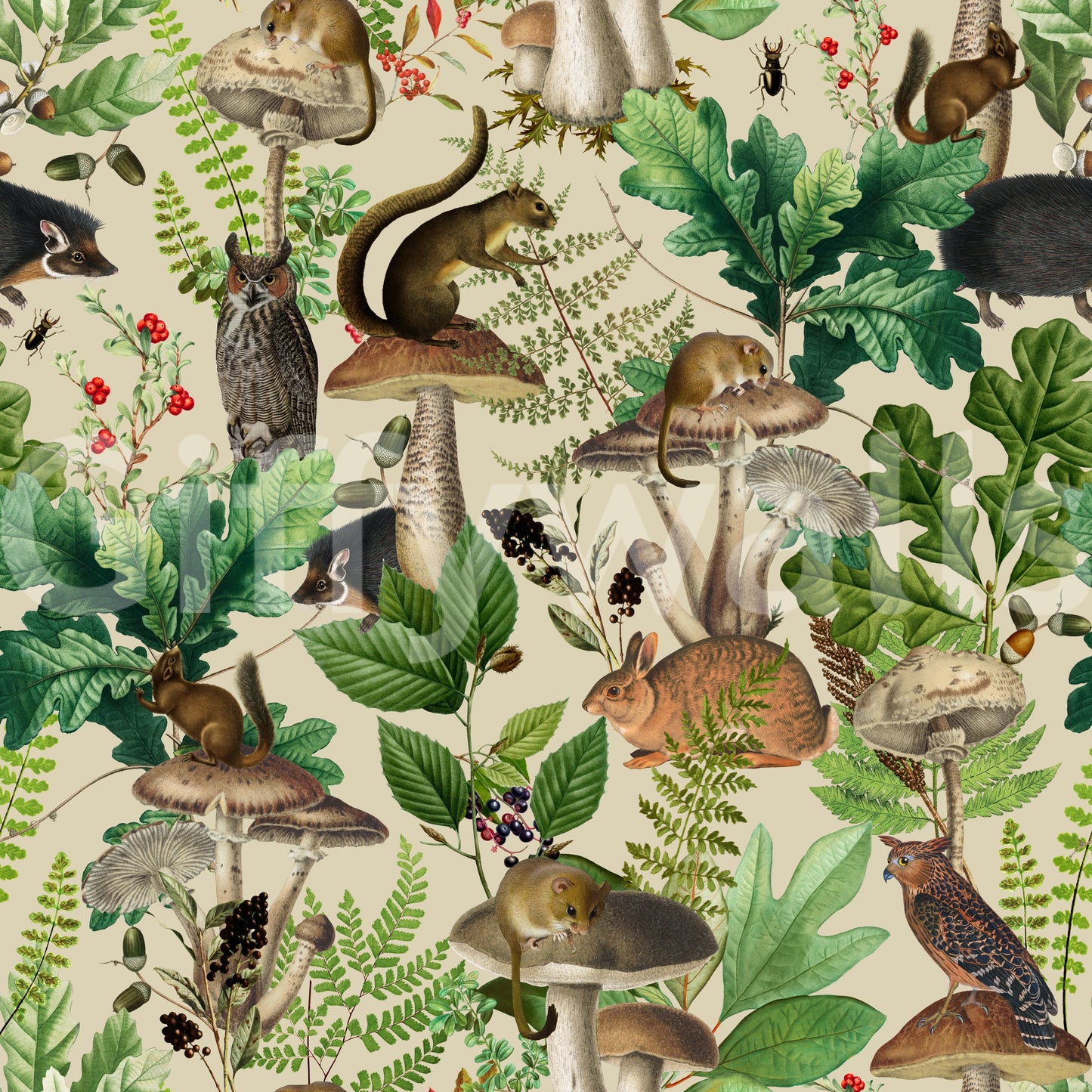 Fortryllet tapet med skovens flora og fauna