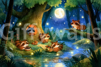Wandbild „Picknick im mondbeschienenen Waschbärenwald“