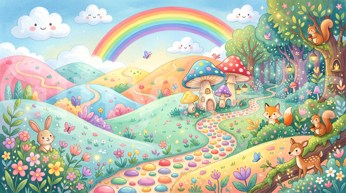 Papier peint panoramique mural « Prairie enchantée, royaume des animaux »