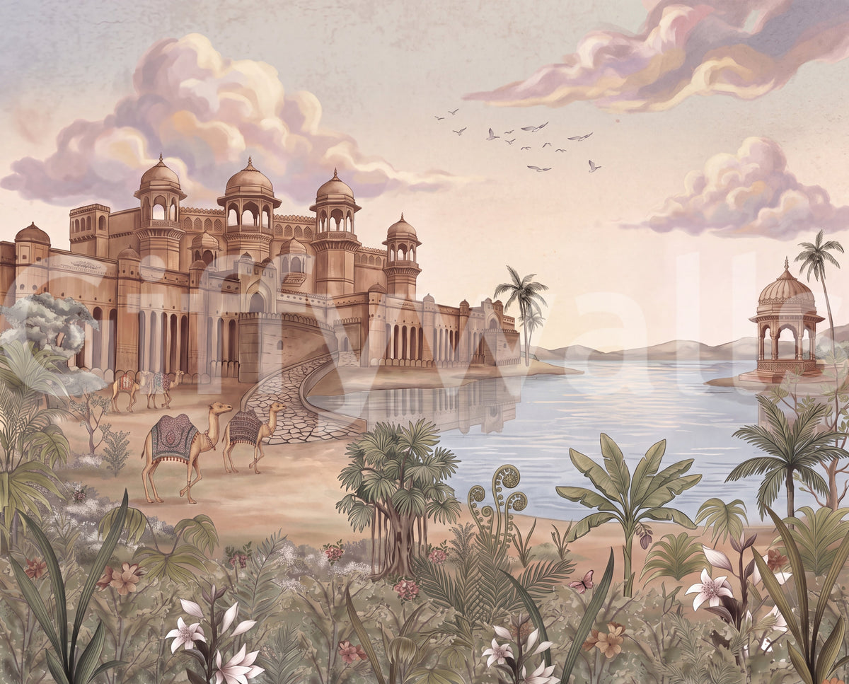 Close view of the sandstone palace and lake mural with camels and palms GD13083