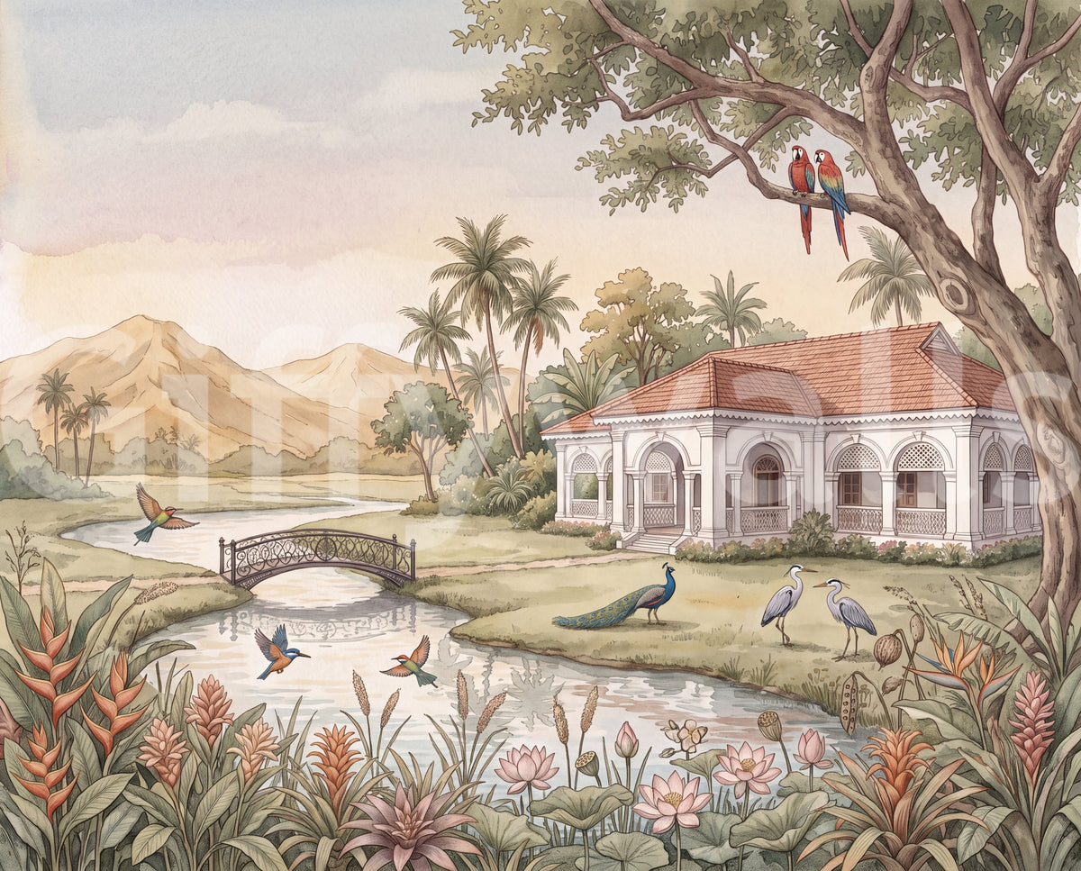 Close view of the garden estate mural with lotus flowers, peacock and herons GD13084