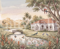Close view of the garden estate mural with lotus flowers, peacock and herons GD13084