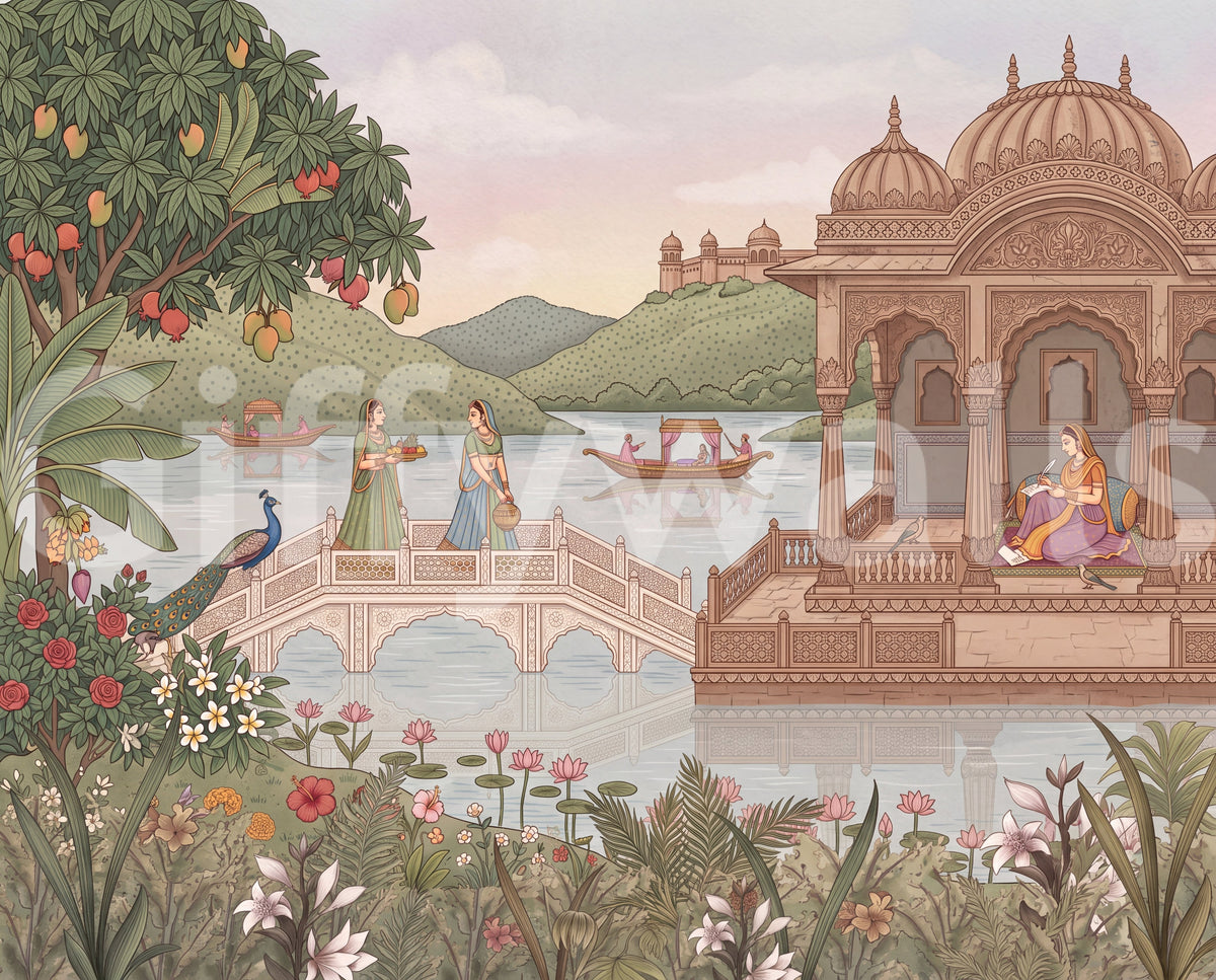 Close view of the lotus pavilion, peacock, and bridge mural pattern GD13089
