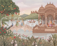 Close view of the lotus pavilion, peacock, and bridge mural pattern GD13089