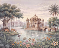 Full vintage lake palace mural with deer, swans, crane and misty hills GD13091