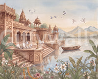 Full watercolor panel of the sandstone ghats, river, cows and dawn sky GD13093