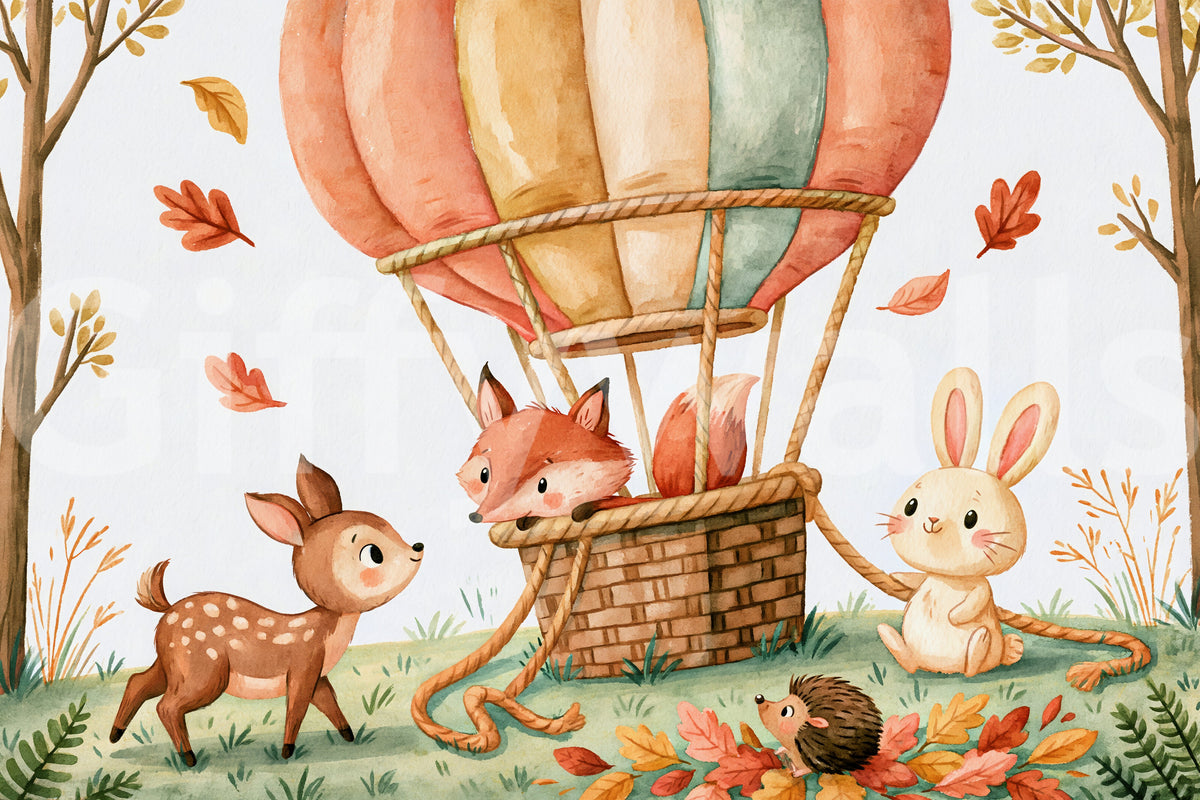 Fresque murale « Amis animaux des bois en ballons d’automne »