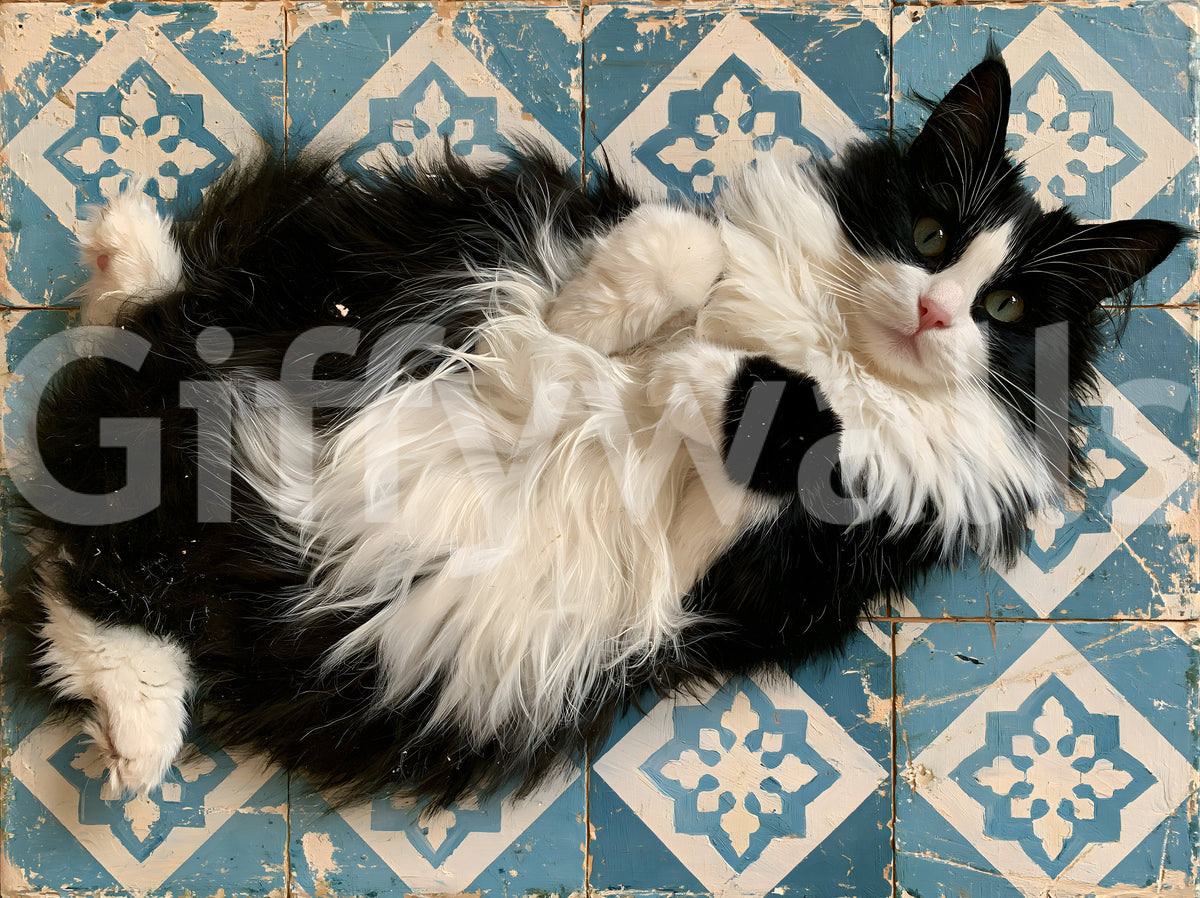 Murale da parete con ritratto di gatto blu rustico piastrellato