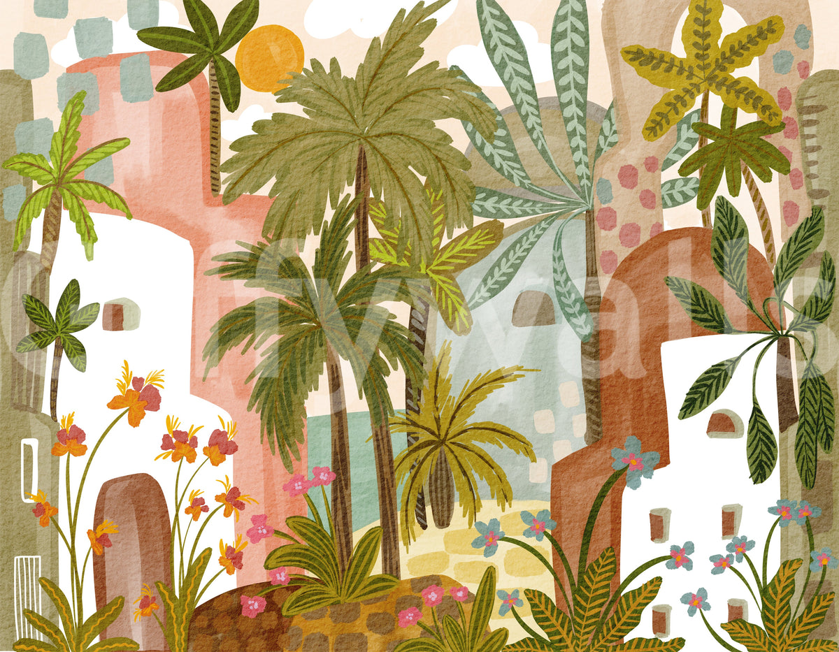 Papier peint panoramique mural Oasis de palmiers méditerranéenne