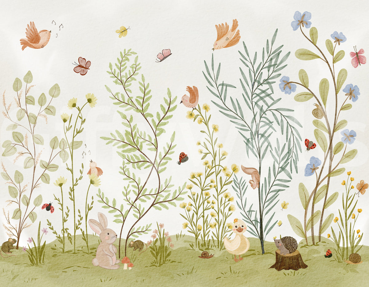 Panorama mural scène botanique de prairie enchantée