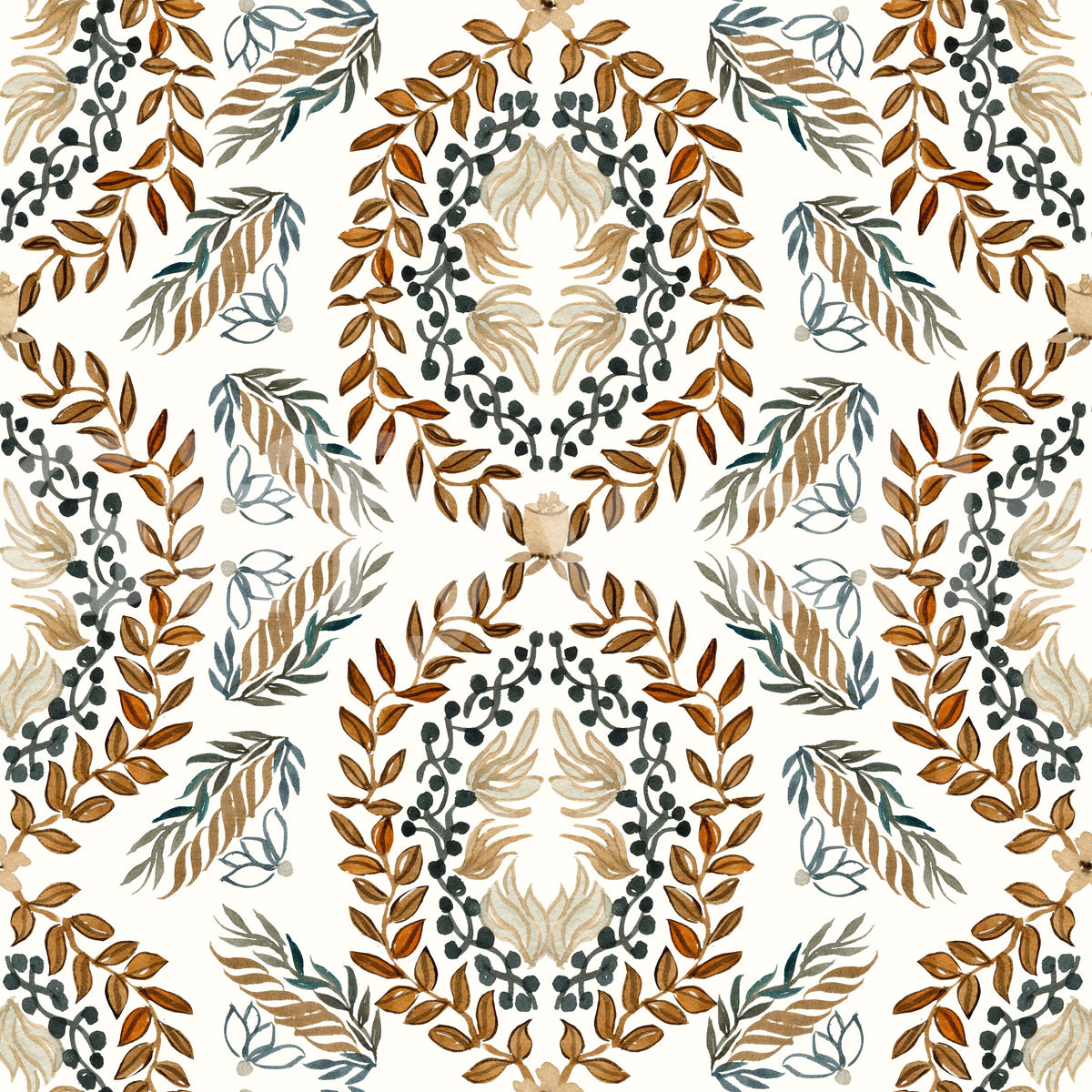 Tapete mit botanischem Aquarellkranz-Motiv