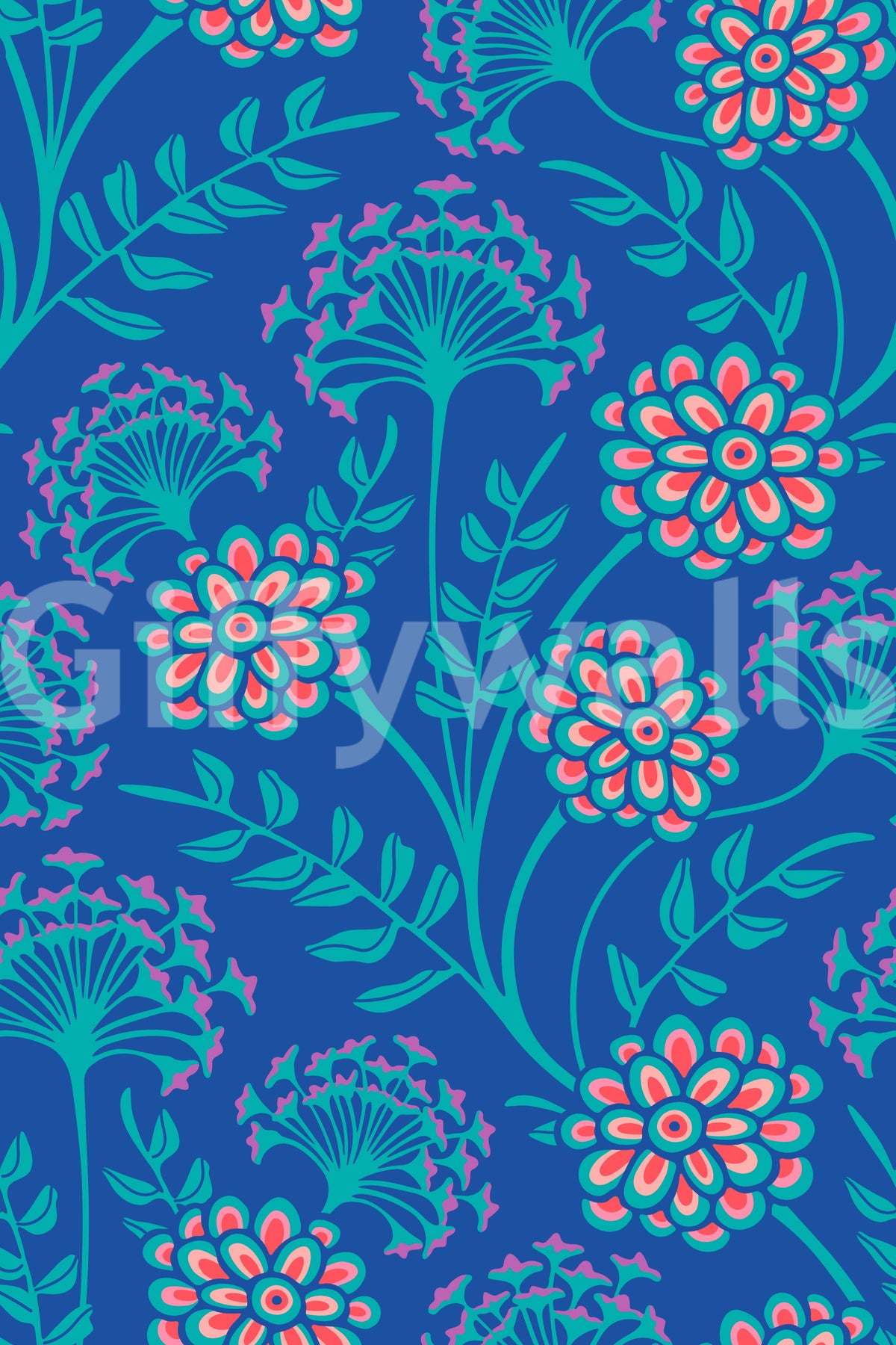 Danube Retro Vintage-Blumentapete mit Zinnien und Wiesenkerbel in Türkis und Königsblau