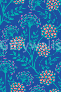 Danube Retro Vintage-Blumentapete mit Zinnien und Wiesenkerbel in Türkis und Königsblau