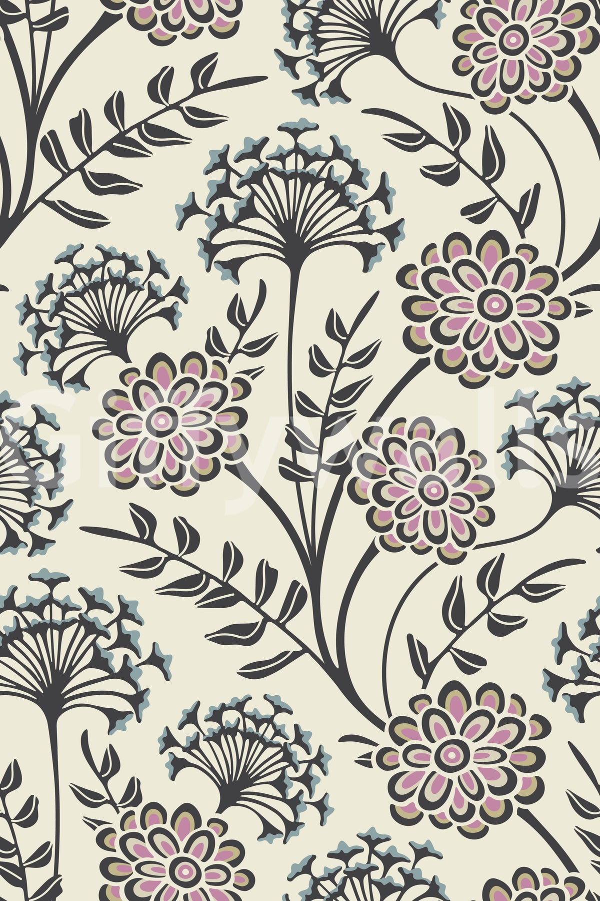Danube Retro Vintage-Blumentapete mit Zinnien und Wiesenkerbel in Anthrazit und Ecru
