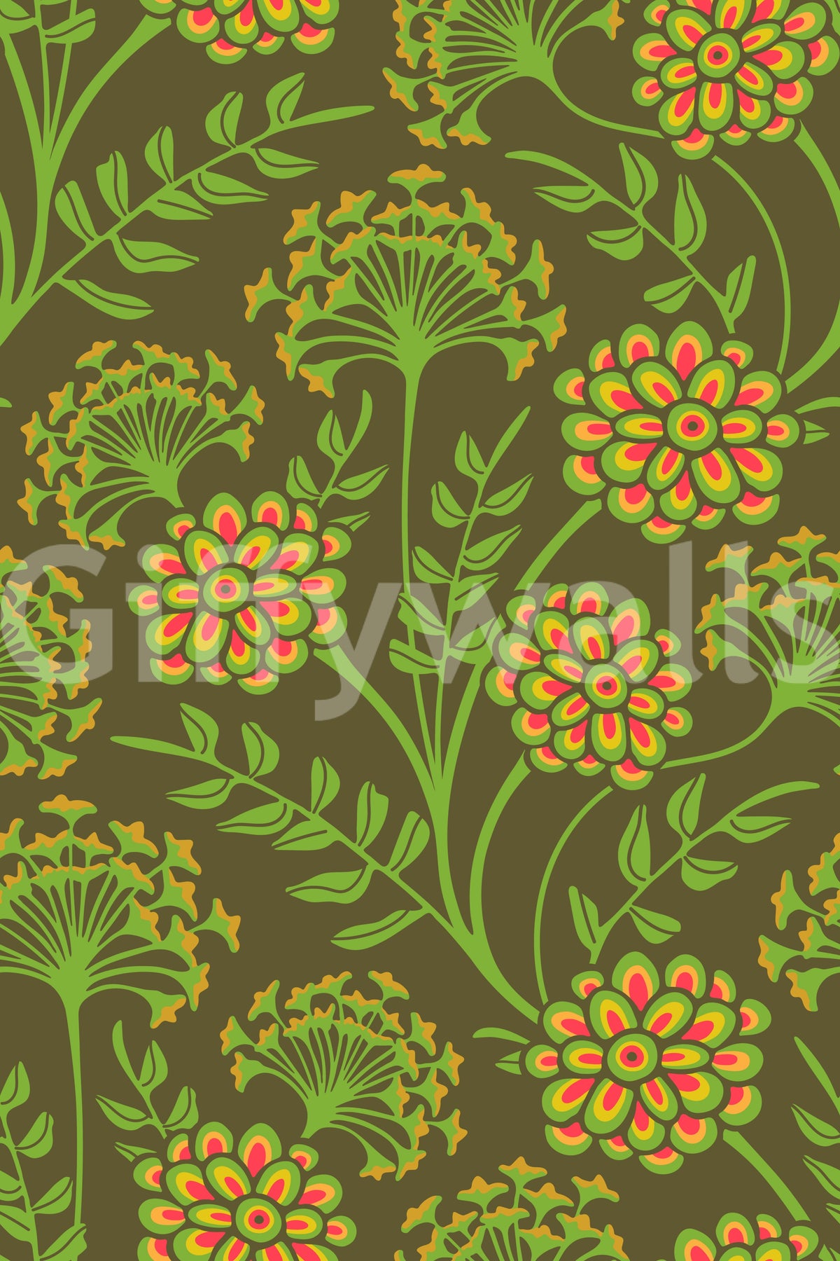 Danube retro vintage-blomstertapet med zinnia og hundepersille i gul og mosgrøn