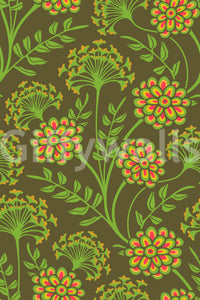 Danube retro vintage-blomstertapet med zinnia og hundepersille i gul og mosgrøn