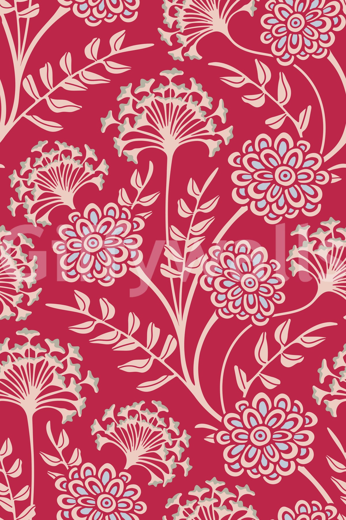 Danube retro-vintage blomstret tapet med zinnia og vild gulerod i viva magenta-rød