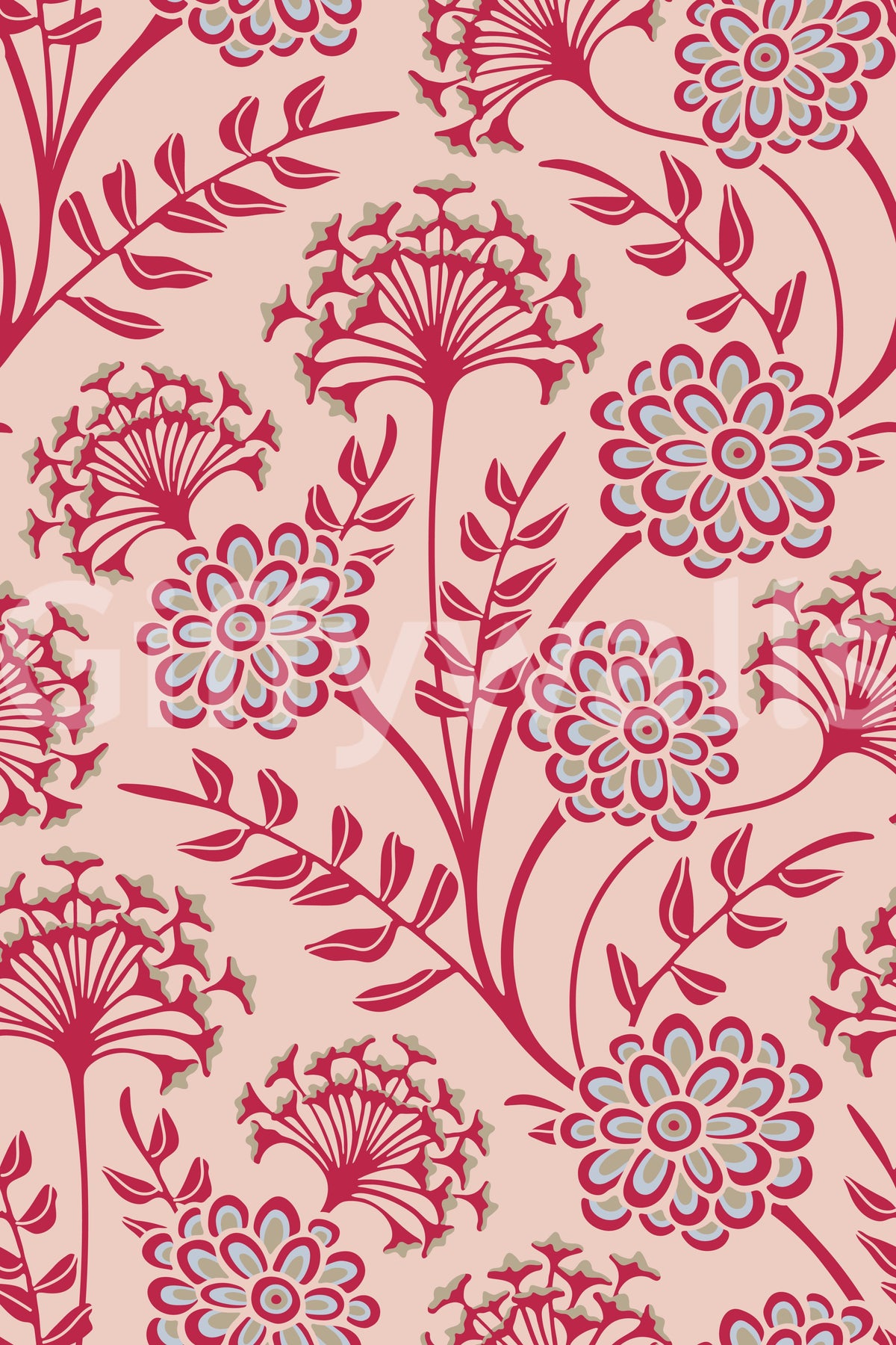 Danube Retro vintage bloemenbehang met zinnia en fluitenkruid in Viva Magenta-rood en Warm Sand