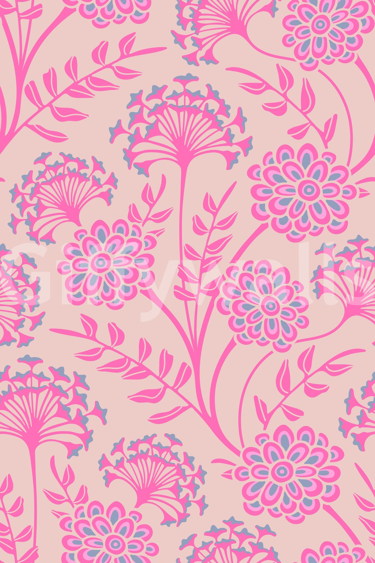 Danube Retro Vintage blomstret tapet med zinnia og vild kørvel i Pretty In Pink