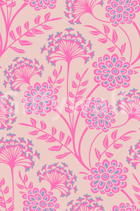 Danube Retro Vintage blomstret tapet med zinnia og vild kørvel i Pretty In Pink