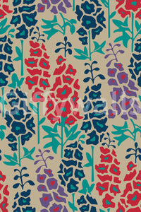 Papier peint fleuri estival rétro Delphinium Garden, bleu marine, rouge et violet⁠