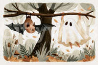 Little Ghost and Bat in Scandinavian Woodland Wall Mural
