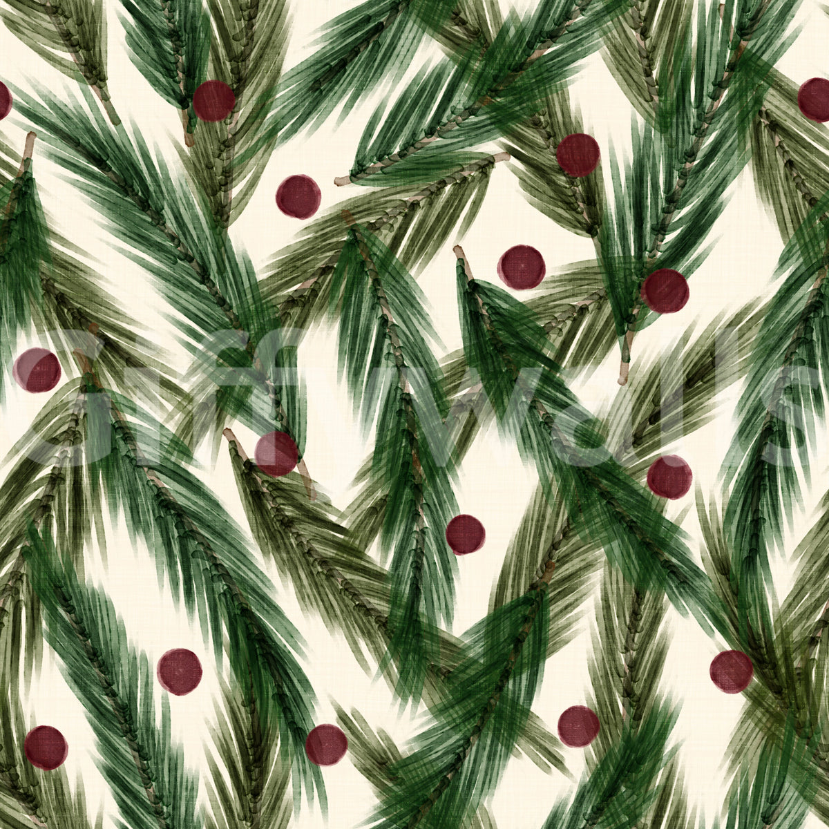 Aquarell-Weihnachtstannennadeln und rote Beeren – festliches Muster-Tapetenmotiv