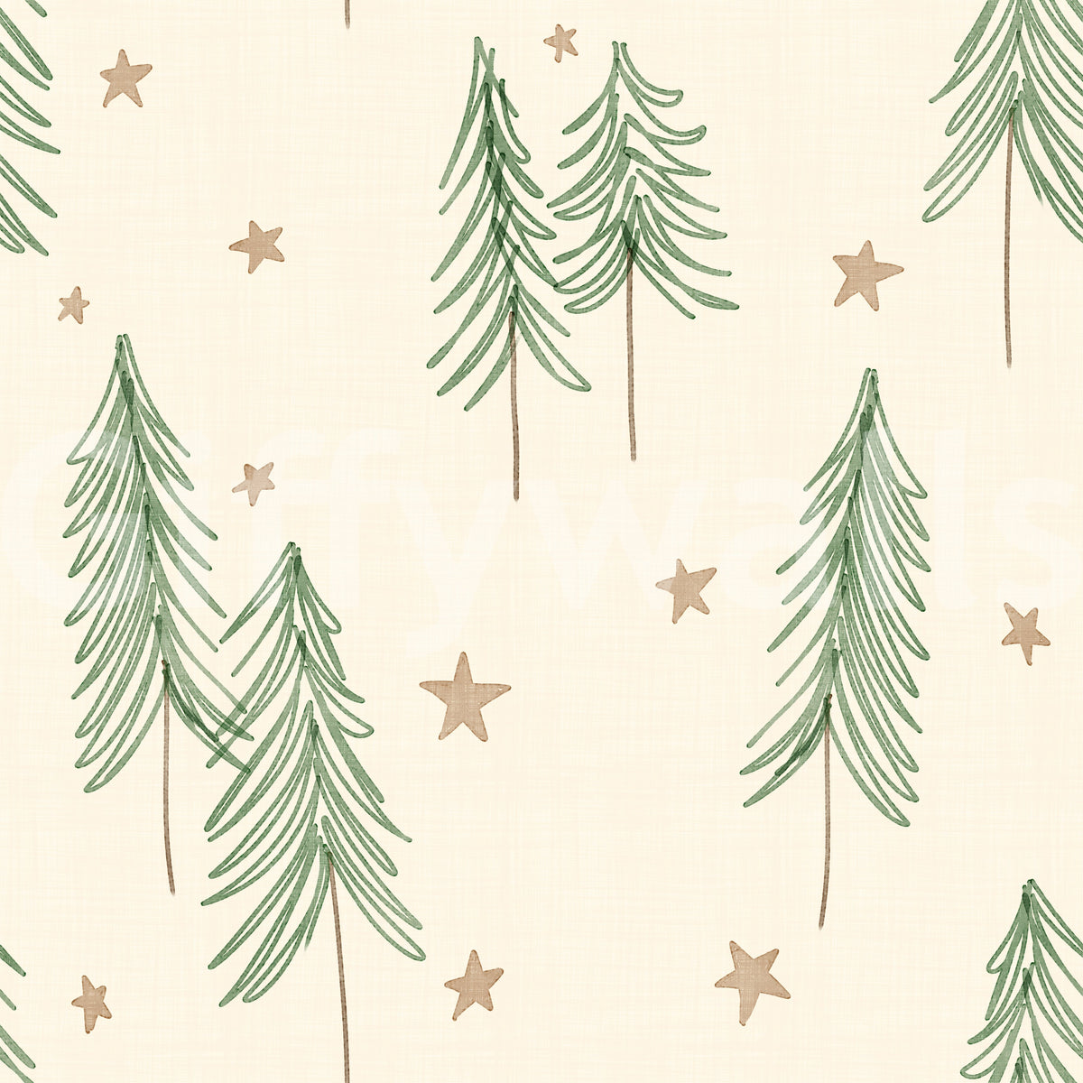 Padrão de inverno com pinheiros e estrelas da floresta - Papel de parede verde gengibre
