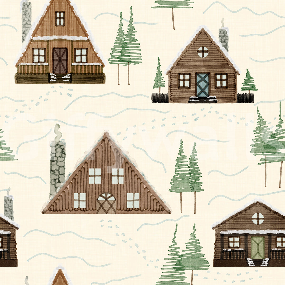 Tapetenmuster „Kleine verschneite Berghüttensiedlung im Cabincore-Winterstil“